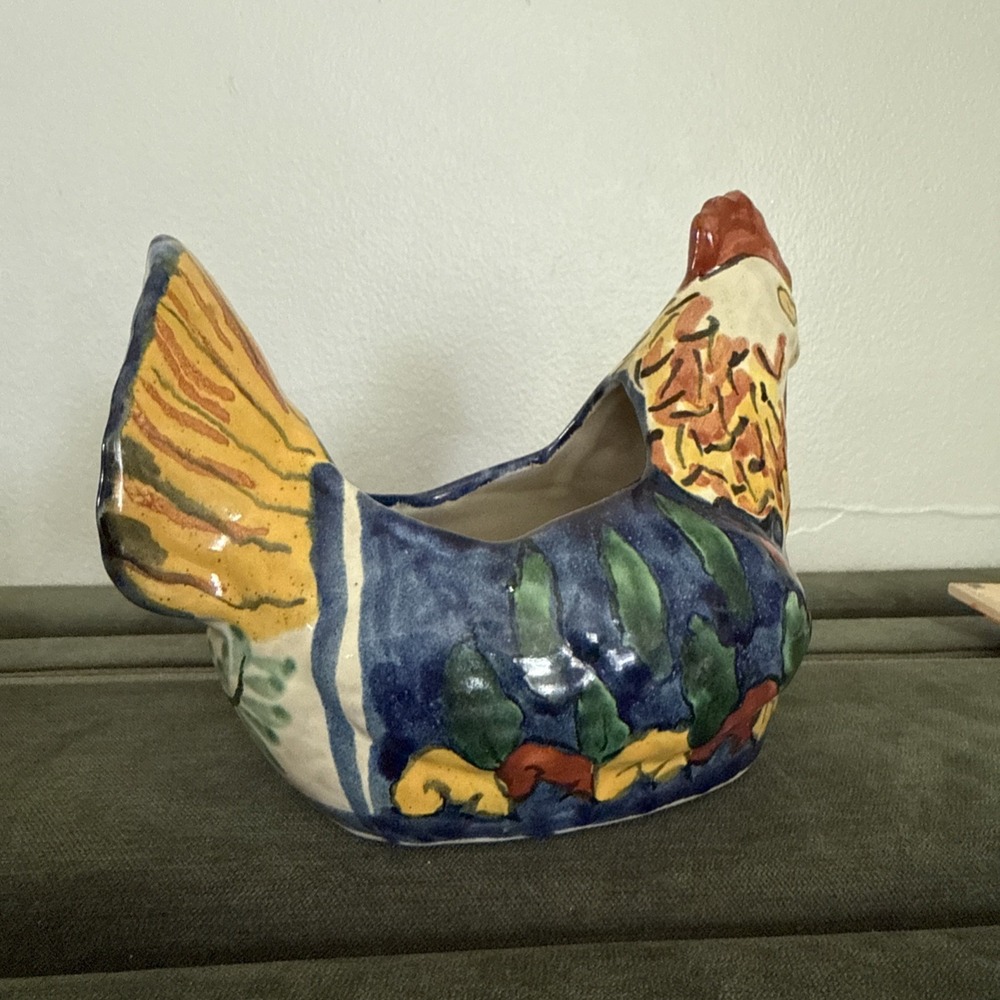 Terracotta Pottery Chicken Planter Mexican Folk Art Signed Mexico Amora - Picture 5 of 9